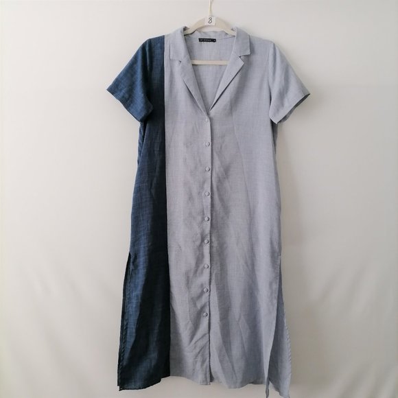 Libe Workshop Womens Gray & Blue Short Sleeve Collared Shirt Dress Size M - Picture 1 of 6